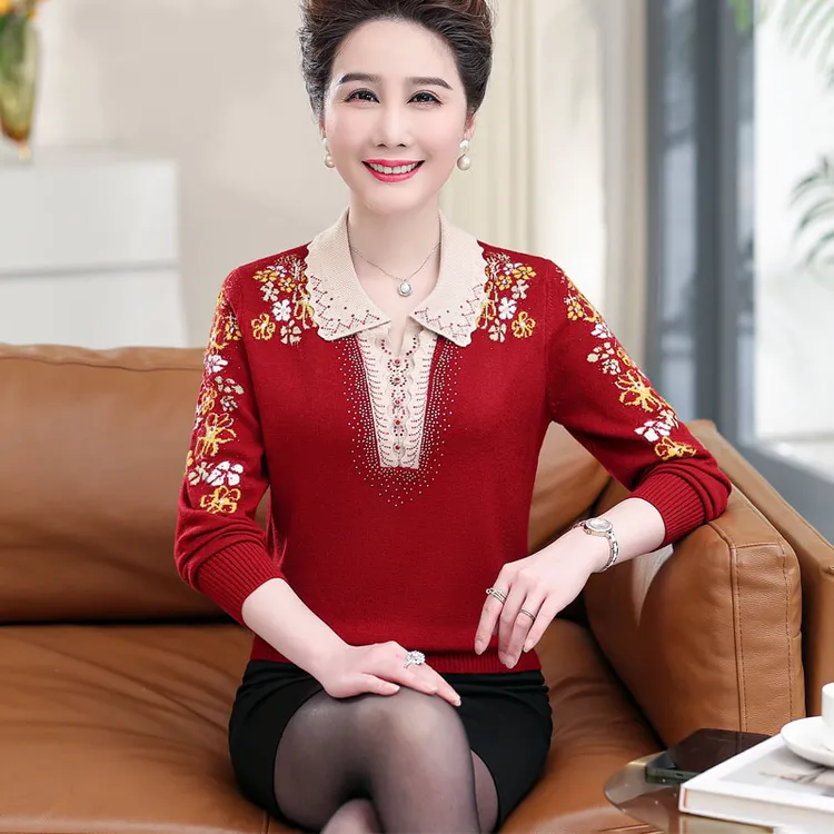 中老年绣花妈妈装翻领春秋大码宽松加厚针织过年妈妈礼品长袖中年