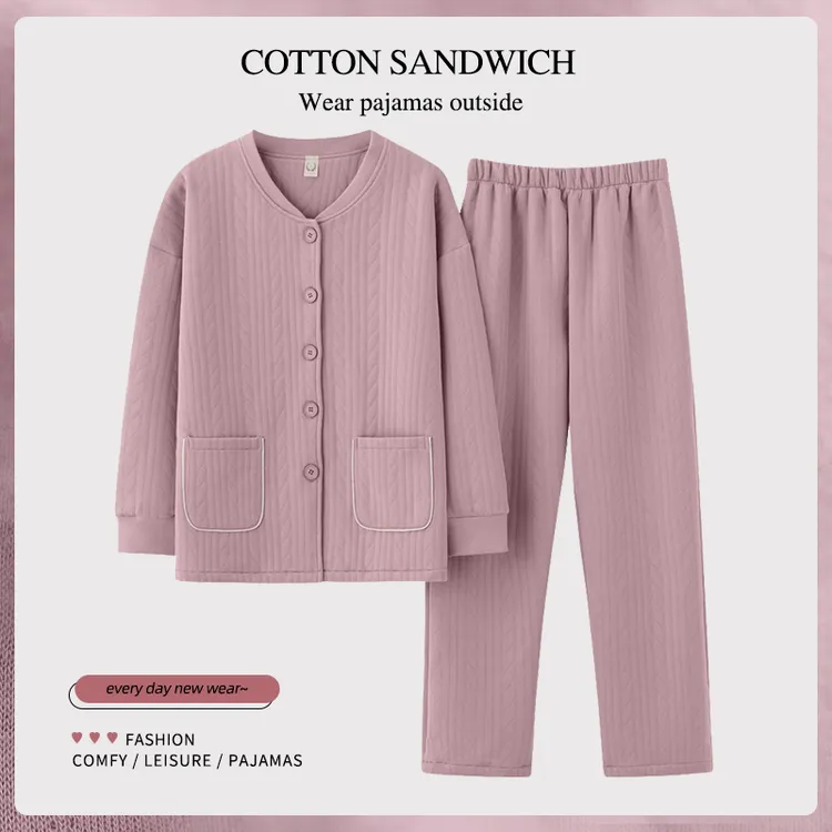 中青年妈妈夹棉睡衣女秋冬天可外穿加大码纯色长袖空气棉开衫套装