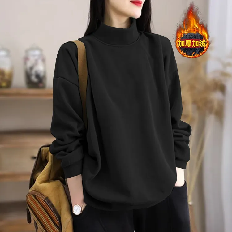 秋冬新款洋气百搭胖妹妹半高领长袖大码卫衣宽松加绒保暖上衣女装