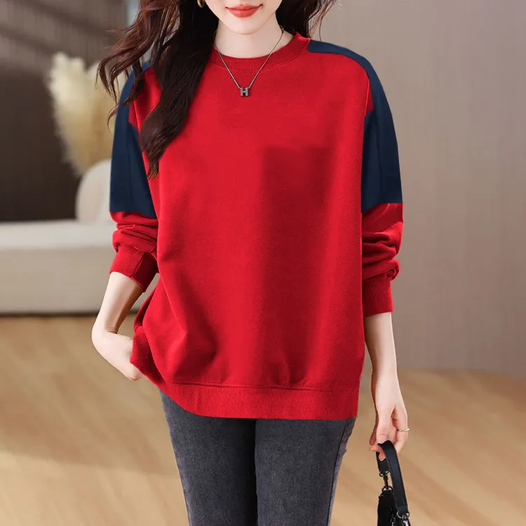 纯棉打底衫撞色拼接长袖卫衣大码宽松女新款秋冬全棉文艺t恤上衣