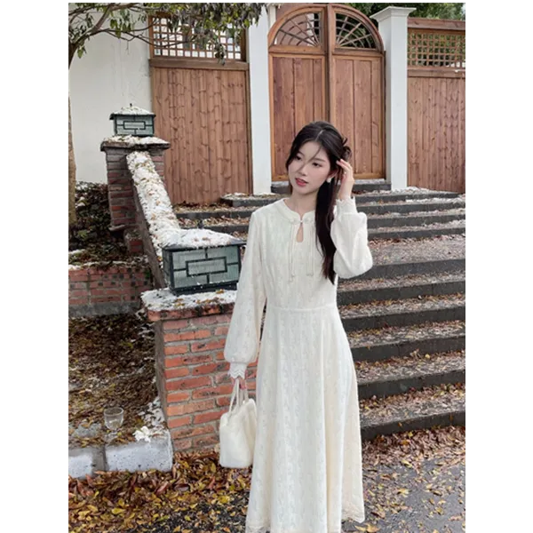 MOBAI默白【烟雨图】新中式改良古风白色裙女秋冬显瘦蕾丝连衣裙