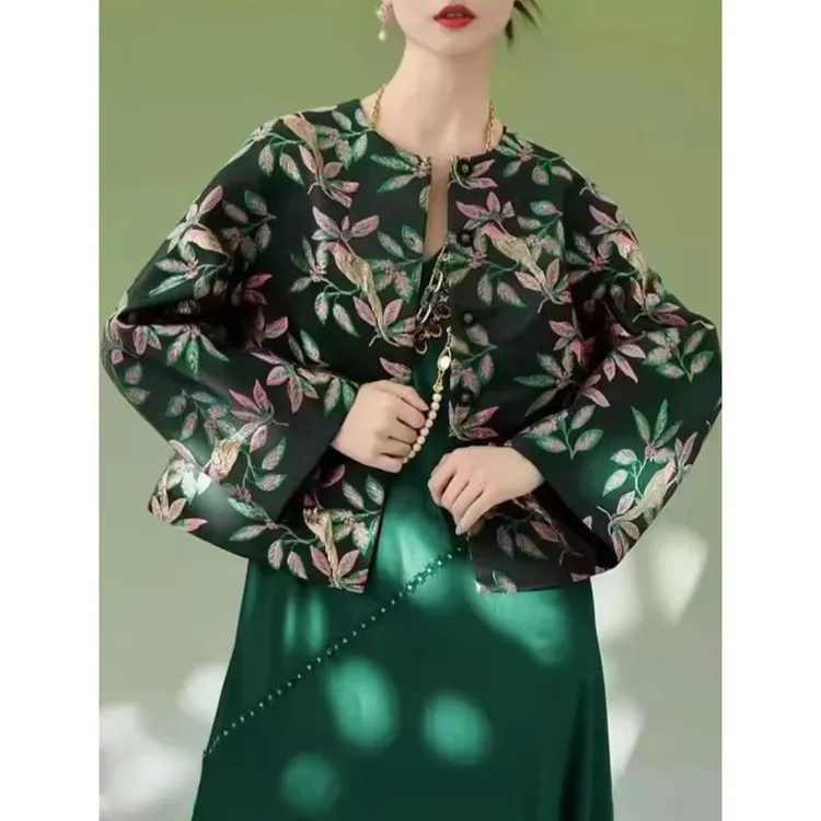 新中式国风网红设计师款粉绿花提花开衫上衣女单件外套