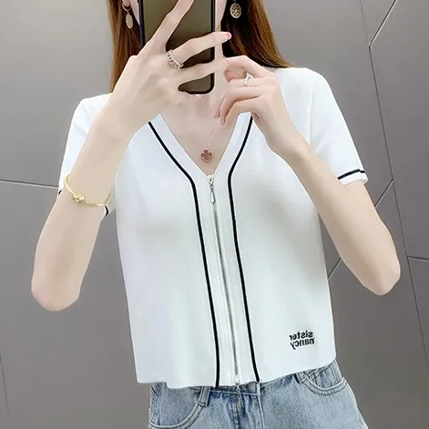 小个子显高显瘦短款T恤女夏季薄款百搭刺绣开衫小V领外搭减龄上衣