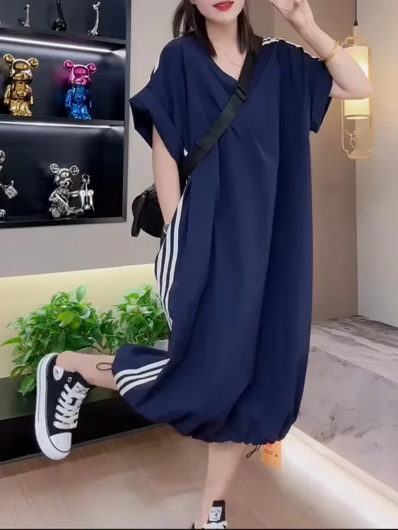 女森说夏季薄款连体裙胖MM宽松遮肉显瘦百搭时尚纯色洋气连衣裙