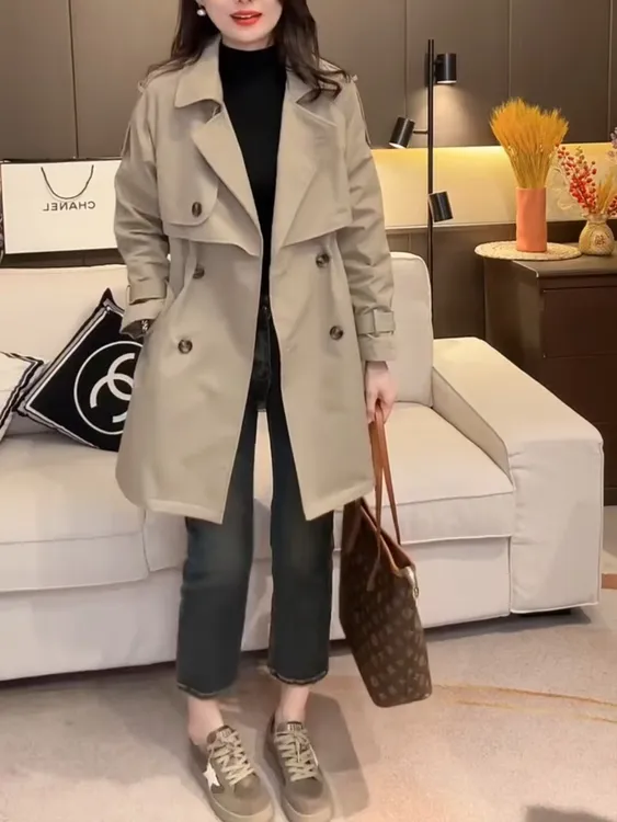女森说秋季新款时尚中长款风衣女外套收腰显瘦气质上衣直筒牛仔裤