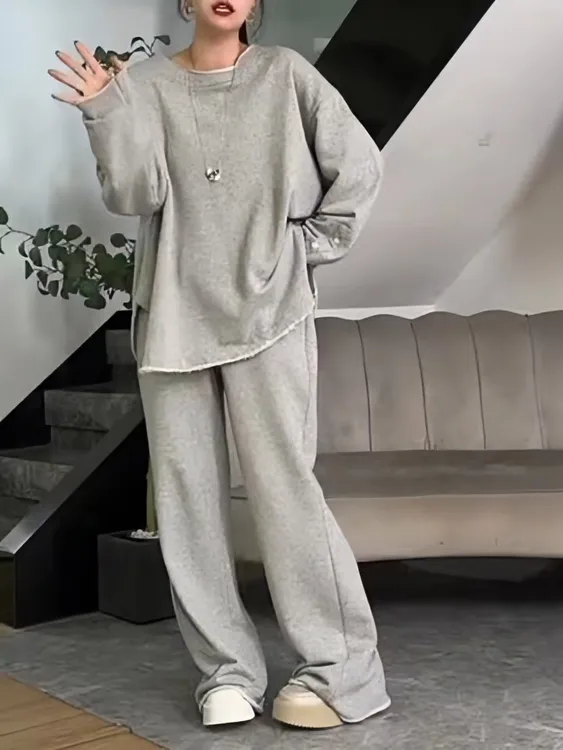 女森说春季新款时尚慵懒风特色毛边卫衣外套微喇卫裤显瘦两件套