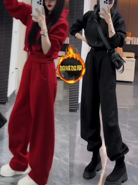 女森说冬季新款时尚套装加绒保暖连帽卫衣松紧腰卫裤显瘦两件套