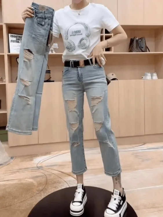 破洞牛仔裤大码女装夏季新款薄款胖mm显瘦高腰弹力九分直筒烟管裤