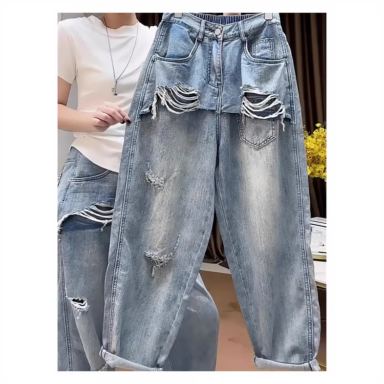时尚做旧破洞拼接2025年新款蓝色老爹裤子女宽松遮肉显瘦牛仔裤子