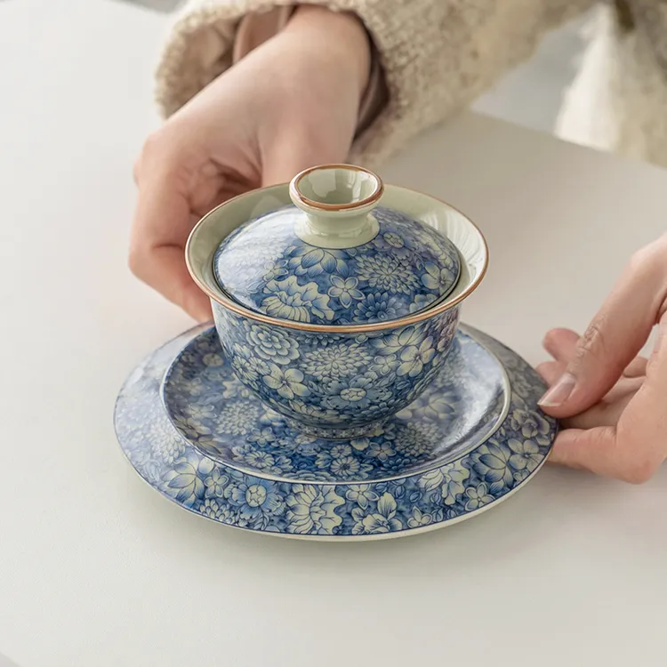 老泥料复古青花盖碗家用汝窑陶瓷功夫茶具不烫手泡茶碗单个大茶杯