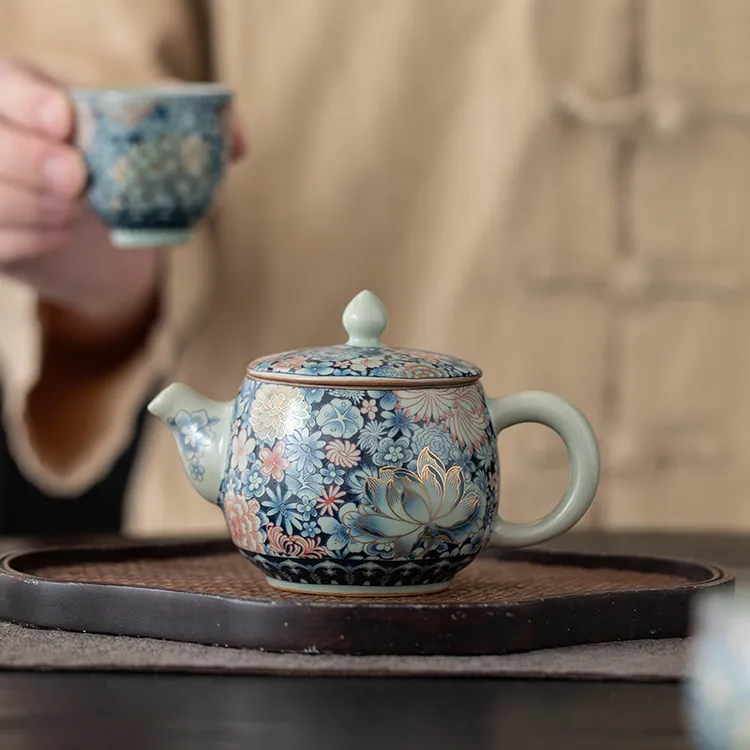 汝窑开片青花茶壶精品可养缠枝莲泡茶壶家用功夫茶具大容量单茶壶