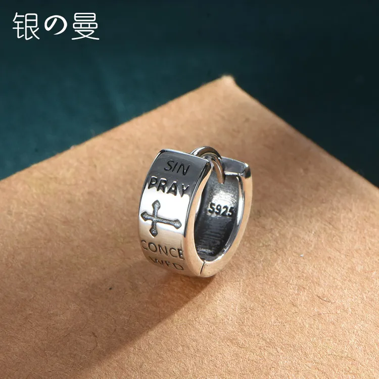 925银耳饰 十字架潮男耳钉单只纯银复古宽面男士耳环气质女耳扣