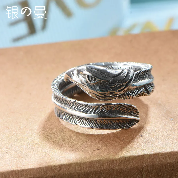 925银欧美复古风老鹰开口指环个性气质可调节时尚纯银男士戒指
