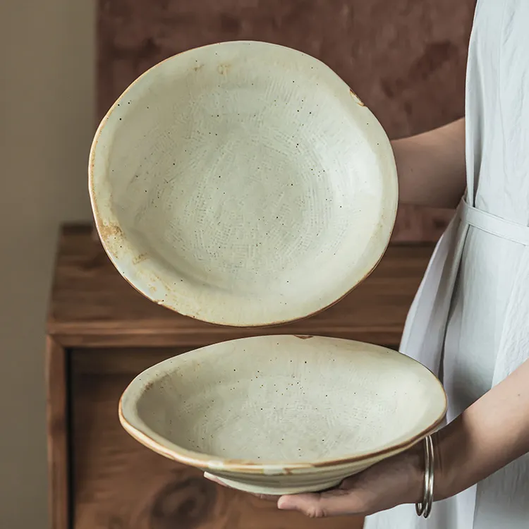 手工粗陶草帽盘诧寂风餐具盘子民宿餐厅西餐盘家用哑光菜盘沙拉盘