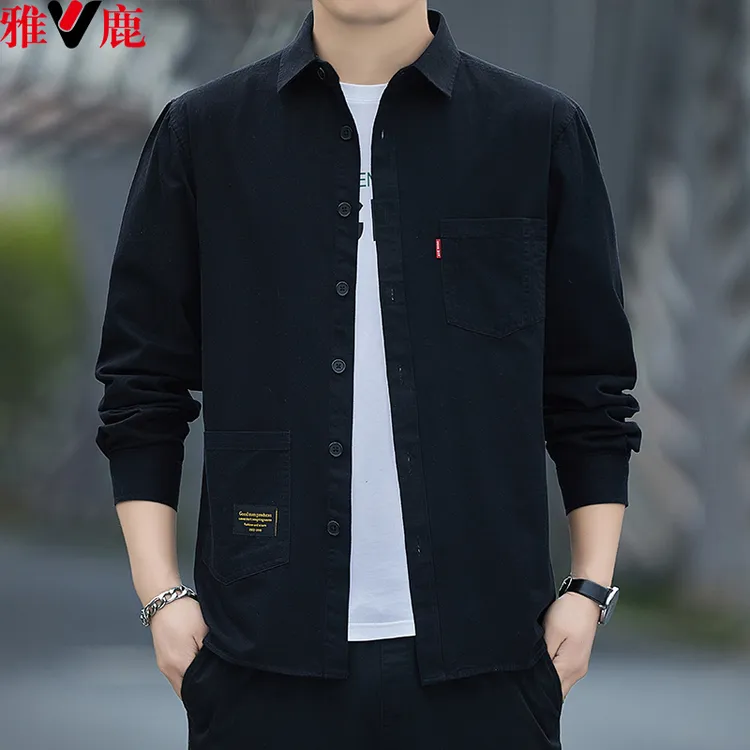 V/雅鹿春秋全棉男士长袖工装衬衫免烫抗皱宽松百搭纯色青年外套衫
