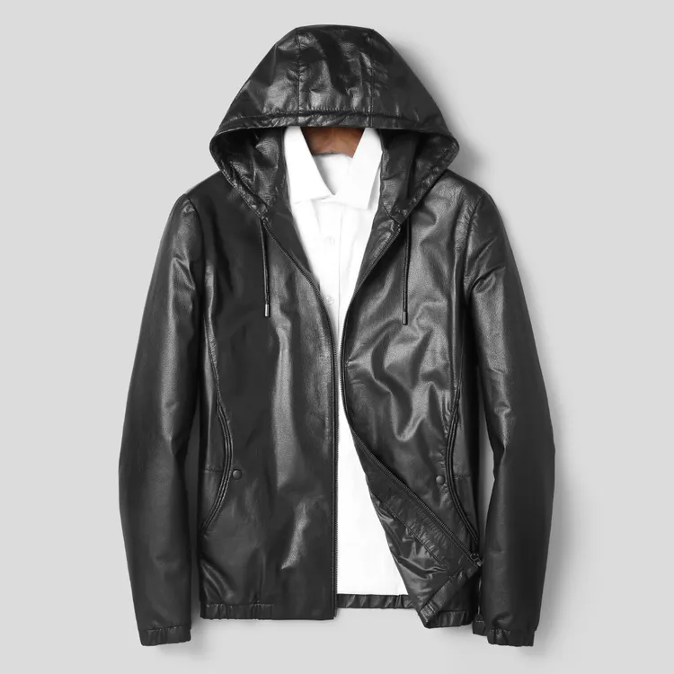 919-E 牛皮鹅绒服海宁头层真皮皮衣男式短款休闲连帽夹克外套2025
