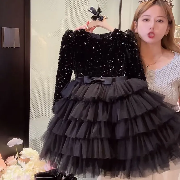 女童秋冬黑色礼服公主儿童新款拖尾蓬蓬纱裙走秀生日钢琴演出服