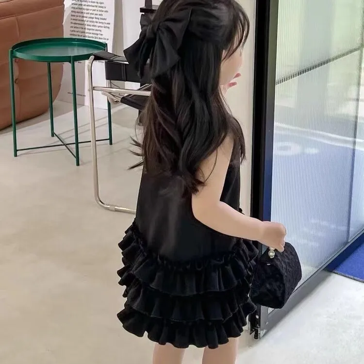 女童无袖黑色公主连衣裙2025夏季新款赫本风背心裙a字儿童蛋糕裙