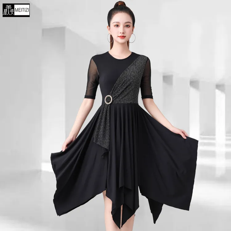 高级新款成人拉丁舞练功服连衣裙中袖女跳国标广场舞蹈时尚2024夏