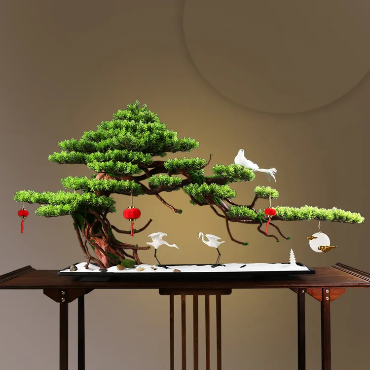 大型仿真迎客松盆景摆件中式玄关客厅酒店样板间入户装饰假树盆栽