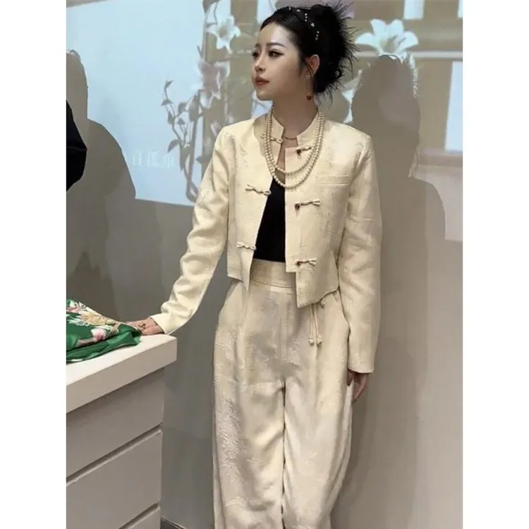 新中式国潮风套装女提花修身立领盘扣外套宽松阔腿裤两件套春装