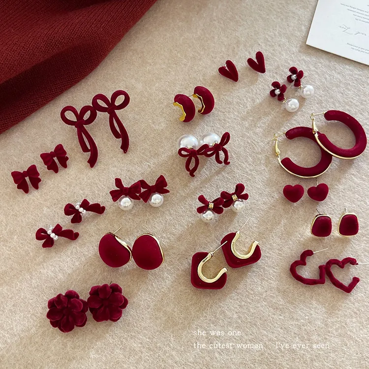 合金耳饰 酒红色丝绒耳环早秋耳饰气质耳钉耳圈唯美首饰配饰品