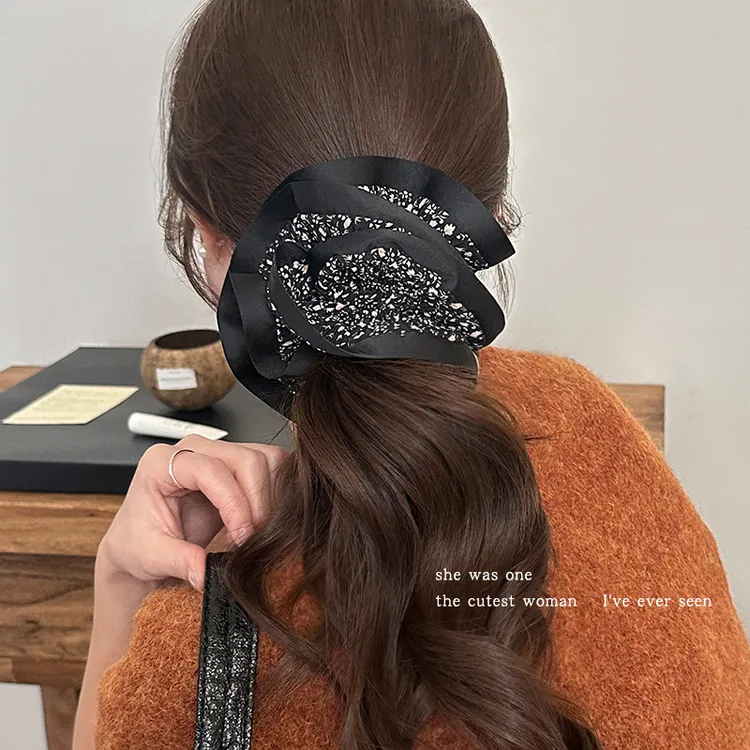 法式黑色双层褶皱大肠发圈女2025新款皮筋高马尾发绳早秋头绳头花