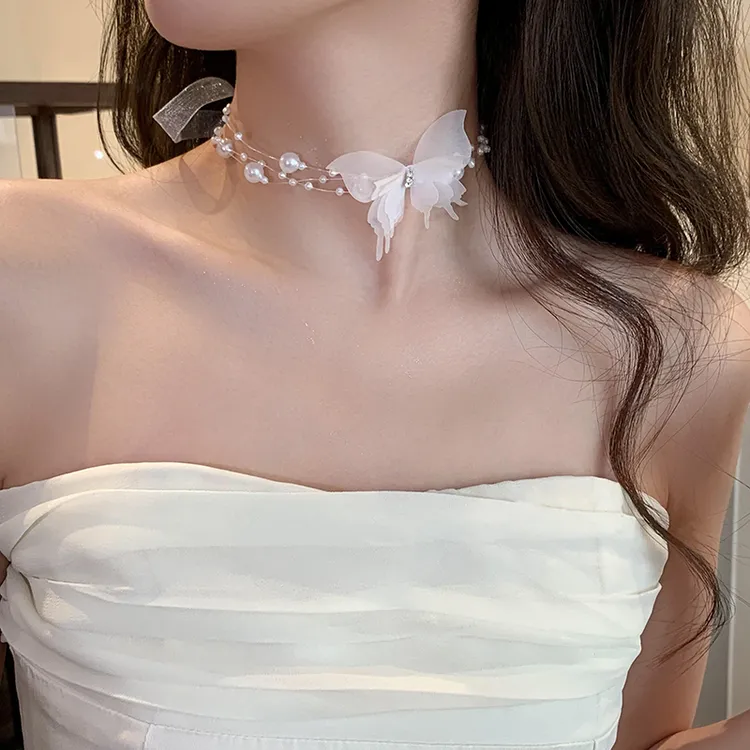 非金属布艺项链 蝴蝶项链 女2025新款时尚洋气串珠锁骨链颈链首饰