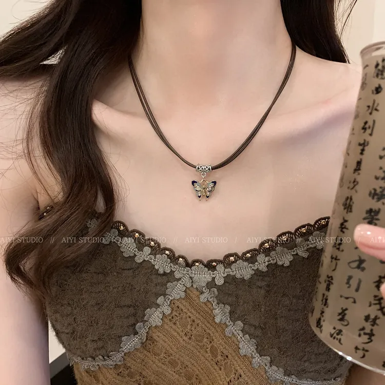 合金项链 新中式蝴蝶双层项链锁骨链 毛衣链卫衣链颈链复古时尚女