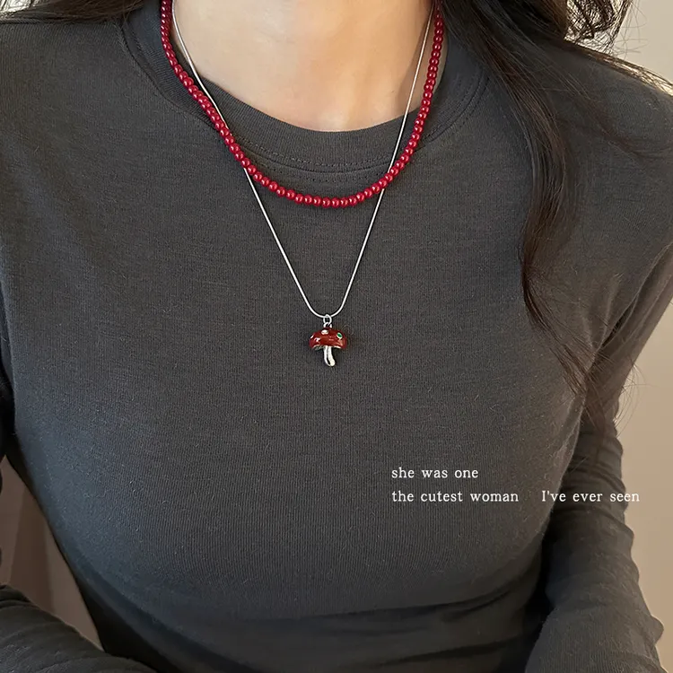 铜合金项链 红色蘑菇双层串珠项链2025新款毛衣链时尚首饰配饰品