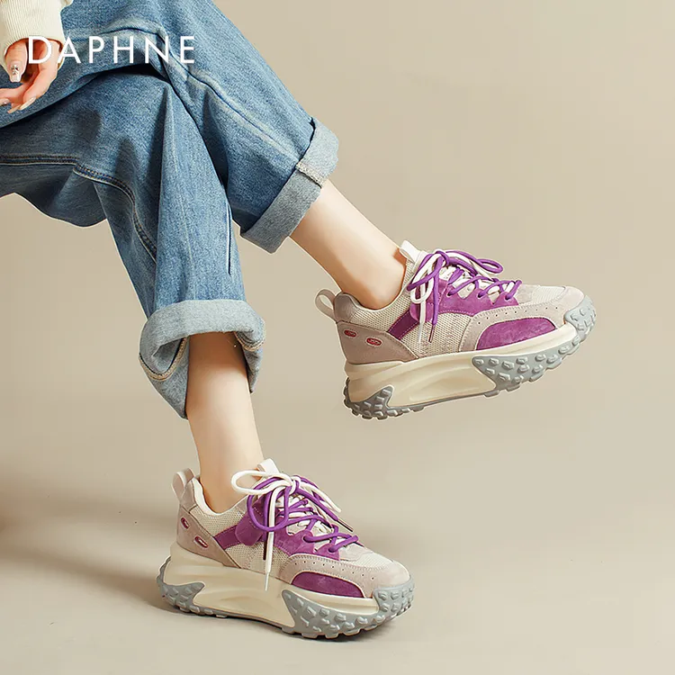 达芙妮真皮老爹鞋女2025新款夏季显脚小厚底松糕榴莲底拼色运动鞋