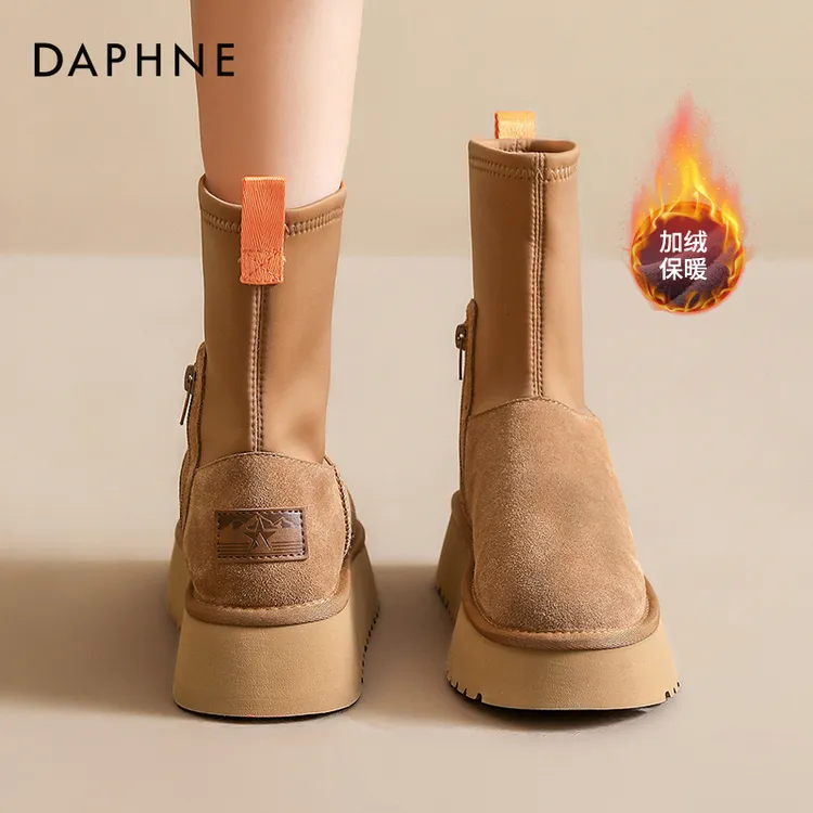 达芙妮铅笔靴雪地靴女2025爆款冬季厚底加绒加厚保暖弹力袜靴棉鞋