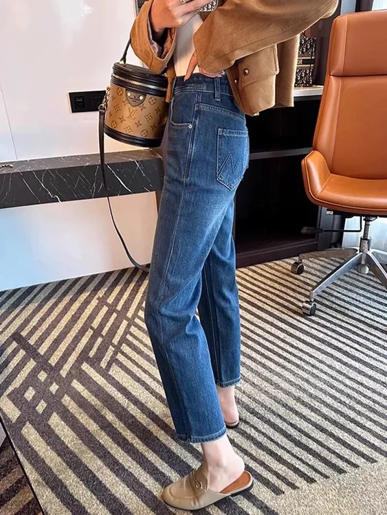 【青柠檬】款刺绣口袋直筒牛仔裤大码女装胖妹妹显瘦弹力九分烟管裤