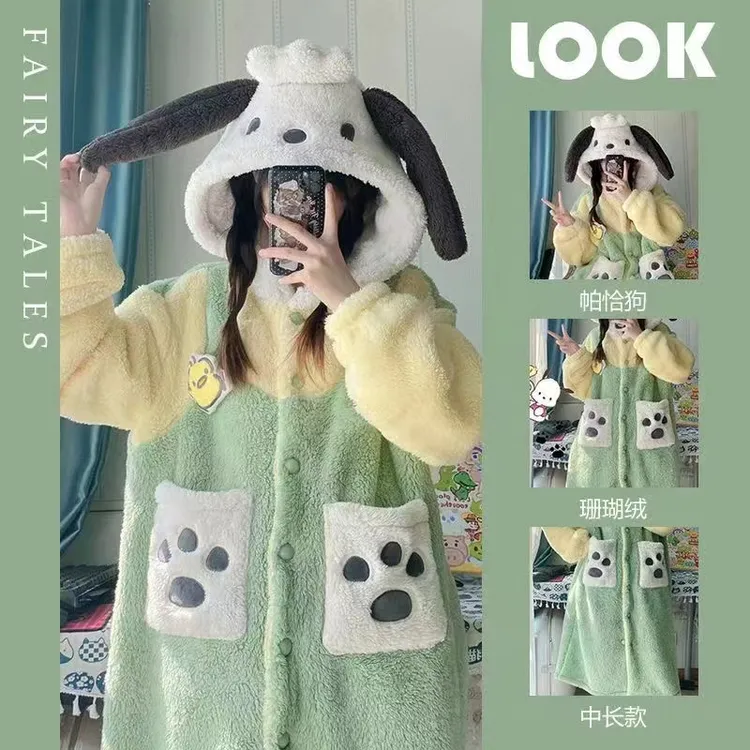 珊瑚绒睡袍帕恰狗冬天加绒加厚秋冬季中长款睡衣女甜美学生新