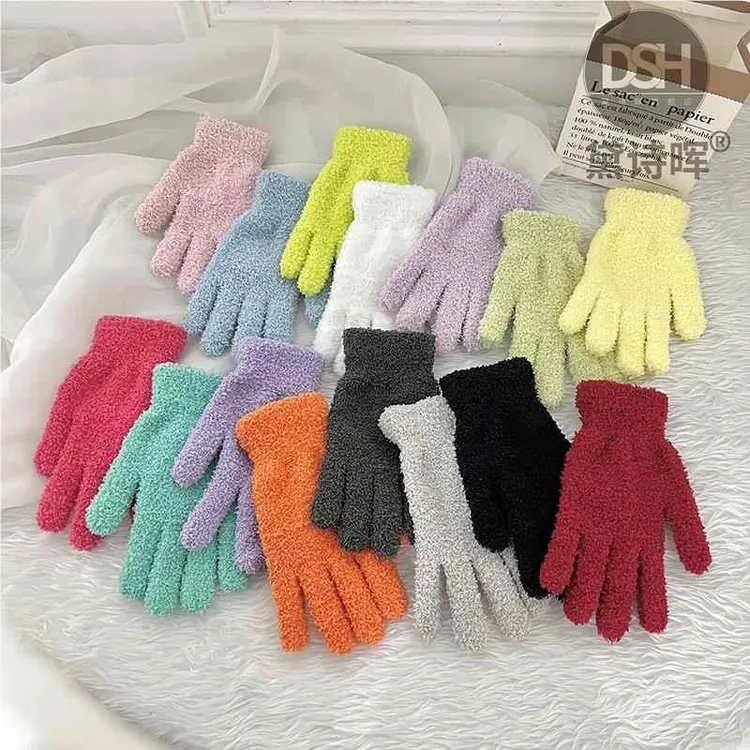 冬季纯色毛绒绒手套女百搭新款加绒毛线保暖加厚五指防寒可爱韩版