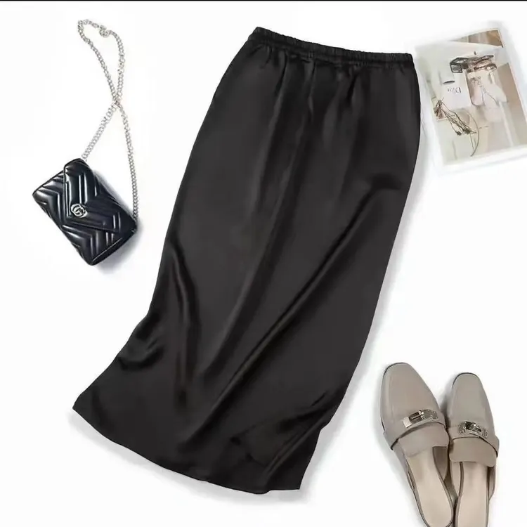 夏季缎面半身裙高腰显瘦开叉中长裙轻奢慵懒风宽松气质黑色直筒裙