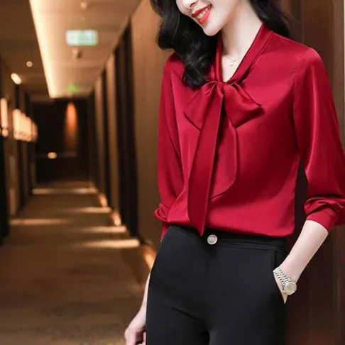 高端衬衫女上档次蝴蝶结长袖衬衣春秋缎面丝滑飘带轻奢气质上衣
