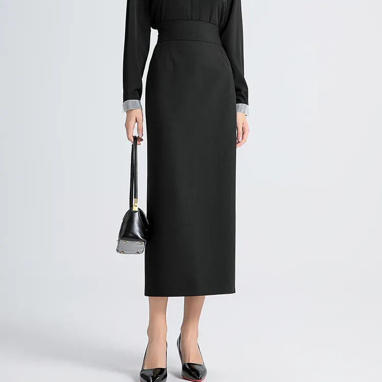 黑色高腰显瘦西装半身裙女2025秋冬新款气质通勤开叉收腰直筒长裙