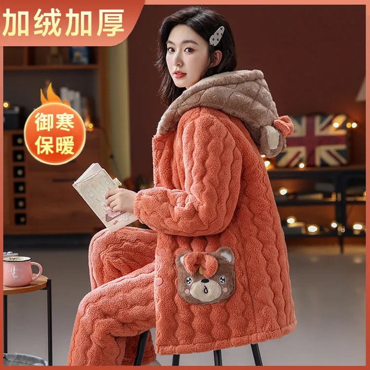 珊瑚绒套装睡衣女士冬季加绒加厚三层夹棉大码御寒保暖连帽家居服