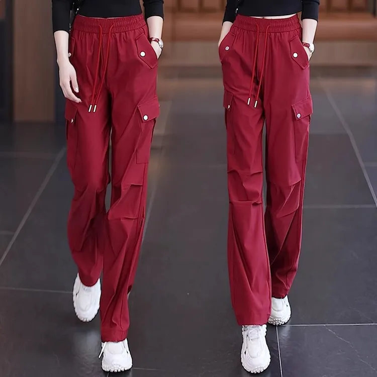 红色美式工装裤女秋季直筒裤2025新款春秋高腰宽松阔腿速干运动裤