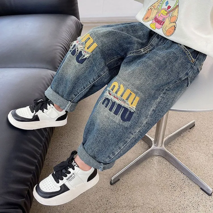 韩国男女童2025爆款儿童潮范哈伦裤女童萝卜裤休闲破洞春秋款长裤