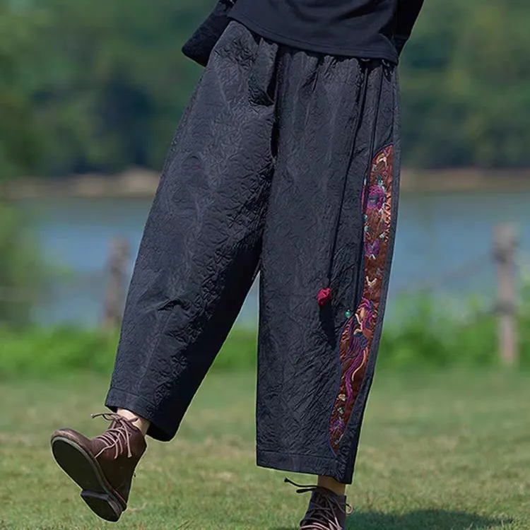 民族风阔腿裤女款小个子九分裤秋冬外穿加厚夹棉显高复古保暖棉裤