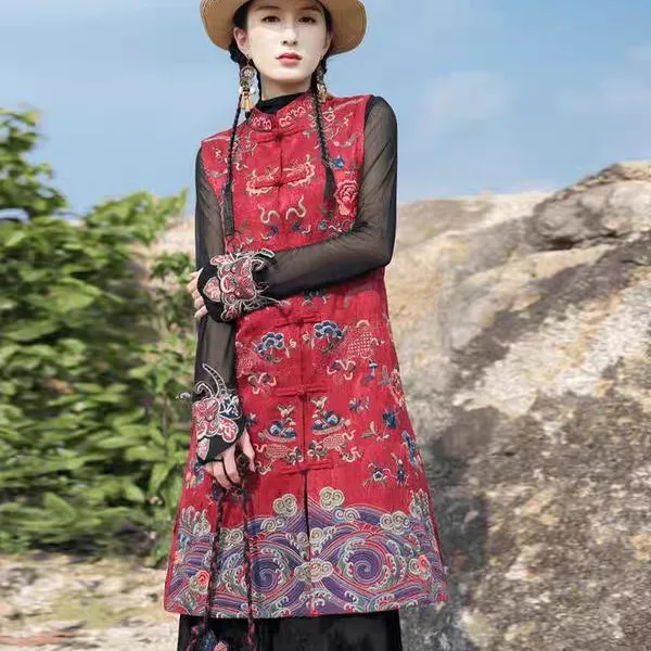 秋冬民族风提花刺绣中长款马夹女款国风立领马甲红色背心修身坎肩