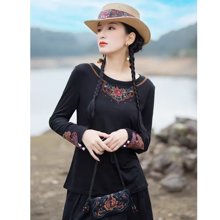 秋冬民族风女装高弹棉质显瘦修身时尚圆领打底衫大码复古中式上衣