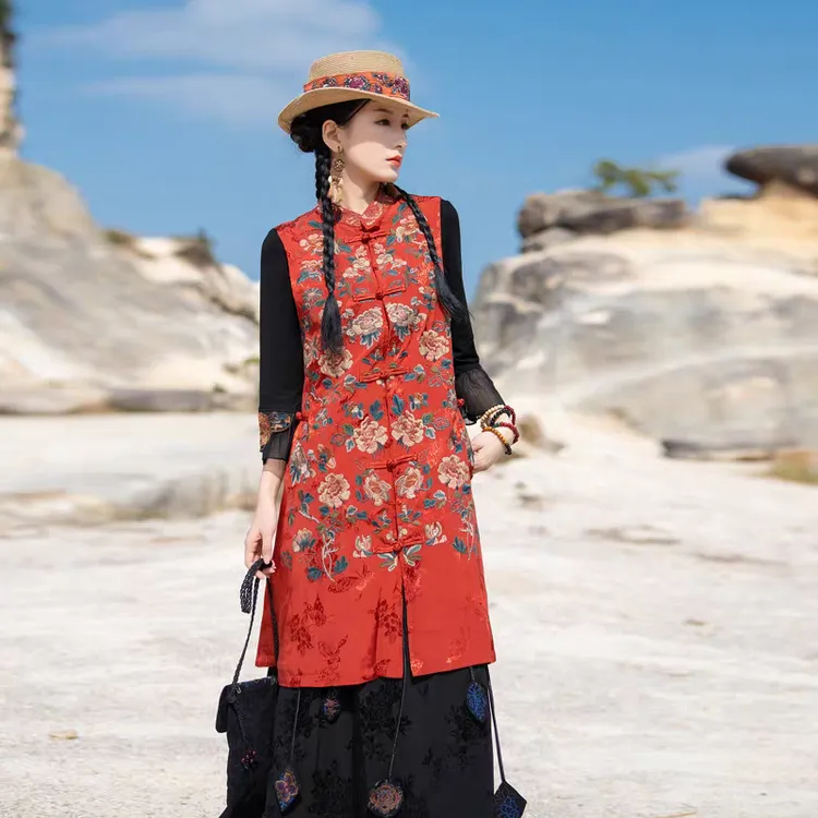 中国风绣花马夹坎肩中长款洋气复古修身显瘦民族风刺绣马甲背心女