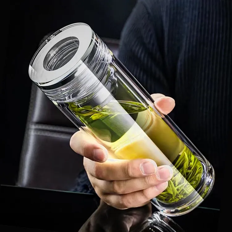 索赫加厚双层玻璃杯男士便携水杯女隔热带盖大容量杯子家用泡茶杯