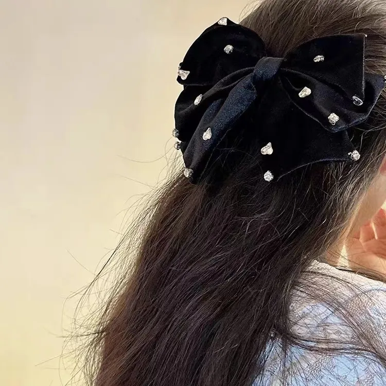 法式蝴蝶结镶钻发夹爱心水钻高级感黑色鹅绒发卡后脑勺发卡头饰女