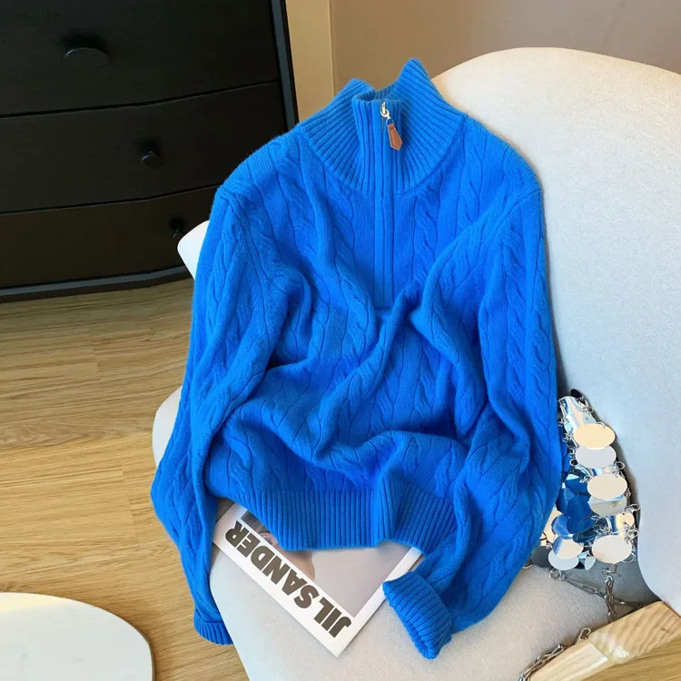 韩系设计感半拉链立领蓝色套头软糯毛衣女秋冬季慵懒风减龄针织衫