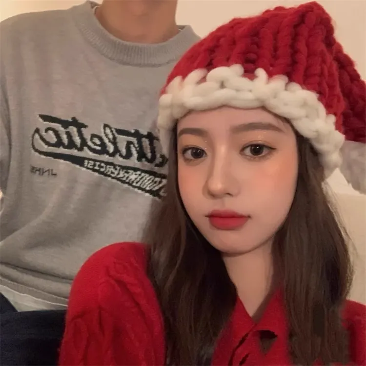 圣诞节帽子手工编织粗线毛线帽长尾巴帽圣诞帽网红同款帽子少女心