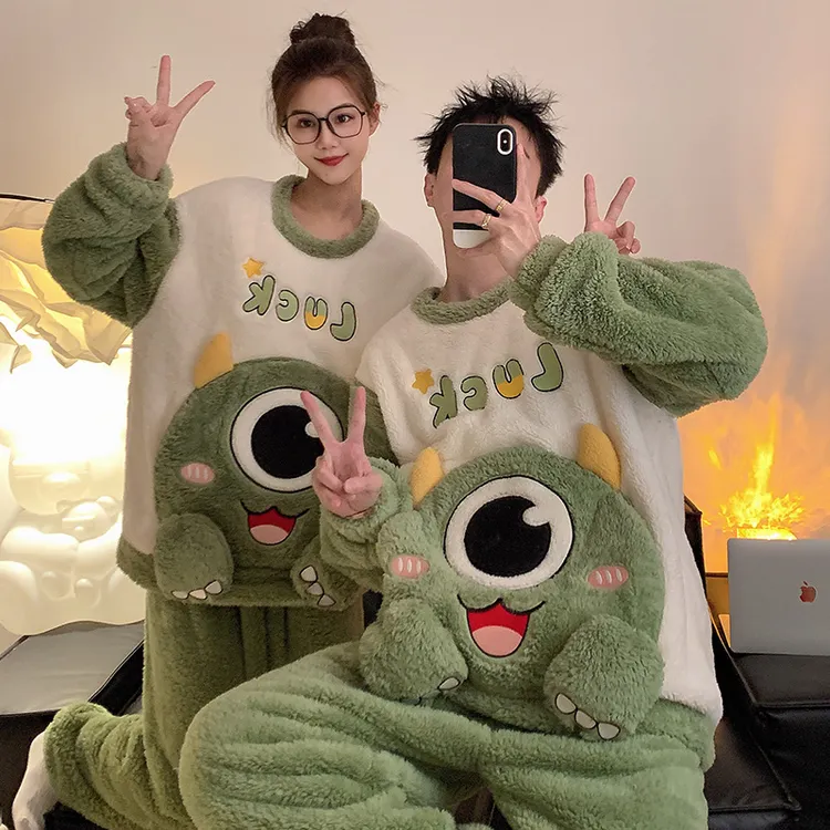长毛绒独眼怪情侣睡衣加绒套装男女士宽松大码卡通保暖家居服外穿